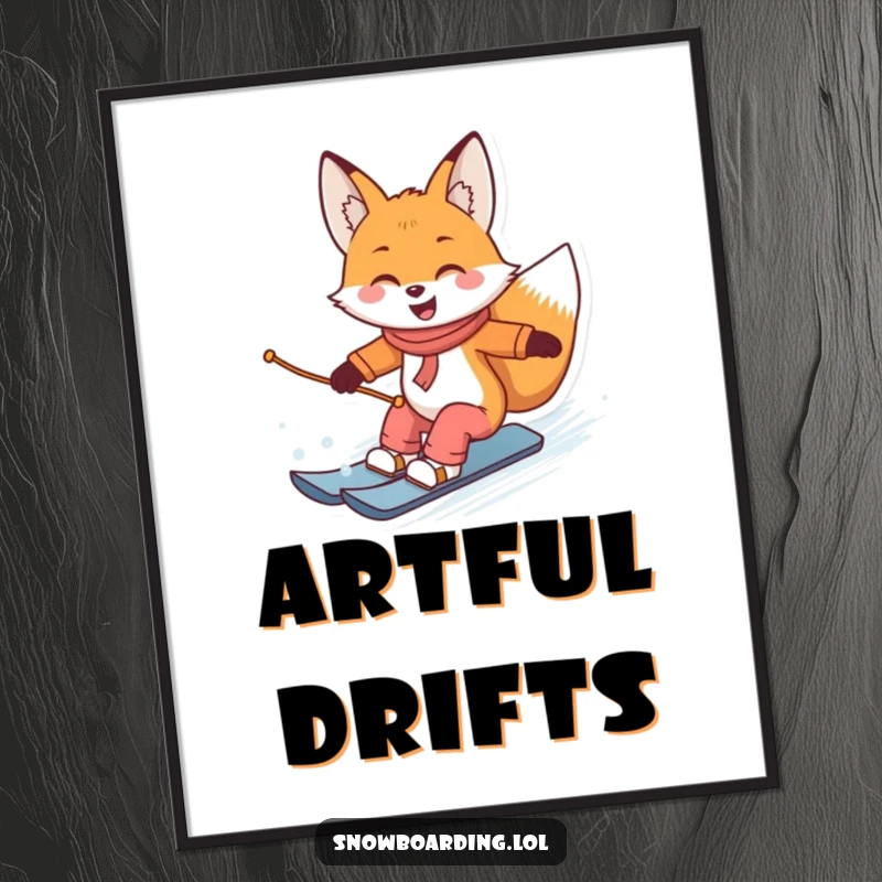 Funny digital art print of a fox skillfully snowboarding and carving turns, capturing smooth winter action.