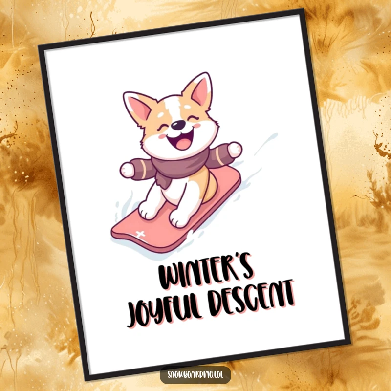 Funny digital art print of a happy dog gleefully snowboarding down a snowy slope, ideal for cheerful and humorous decor.