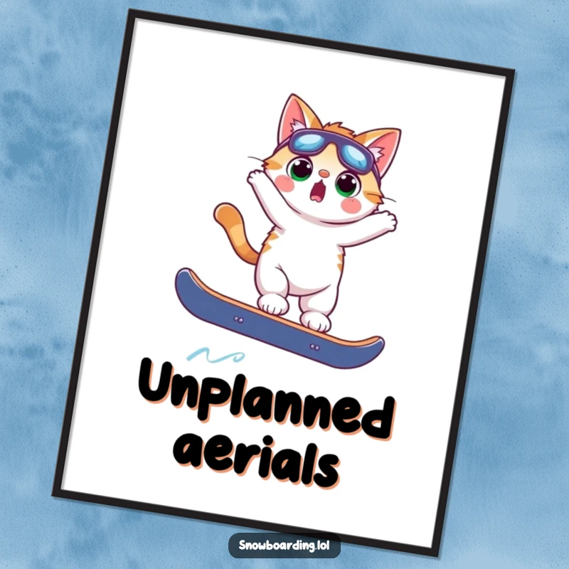 Funny surprised cat airborne on a snowboard, high-resolution digital art print capturing a moment of hilarious winter action.