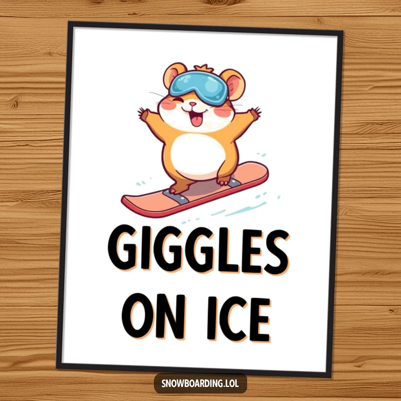 Funny giggling hamster mid-air on a snowboard, high-resolution digital art print capturing a moment of pure, hilarious fun.