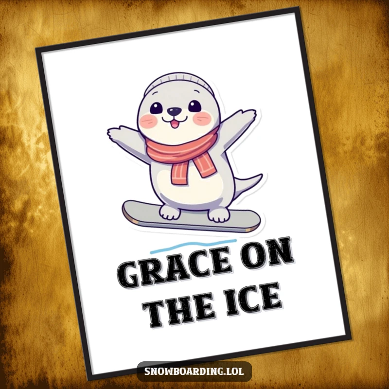 Funny Seal Snowboard Balance Digital Art Print, capturing a moment of cheerful winter sports grace and playful equilibrium.