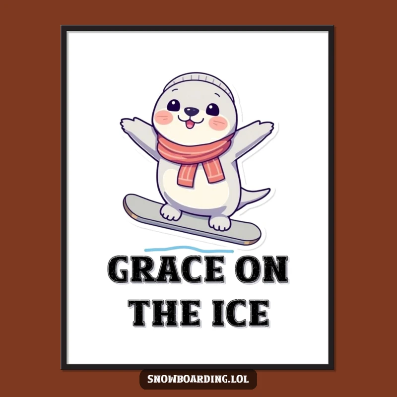 Funny Seal Snowboard Balance Digital Art - Instant Cheerful Winter Decor