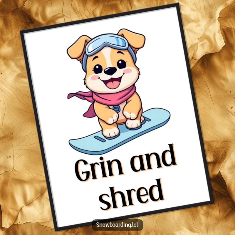 Funny Digital Art Print: A happy puppy with a huge grin snowboards downhill, a cheerful piece of winter sports art.