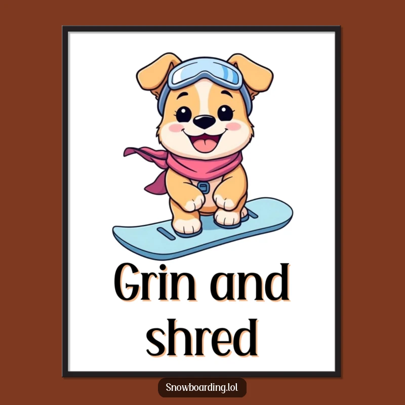 Funny Puppy Snowboarder Digital Art: Grinning Dog's Joyful Ride, Unique Funny Gift!