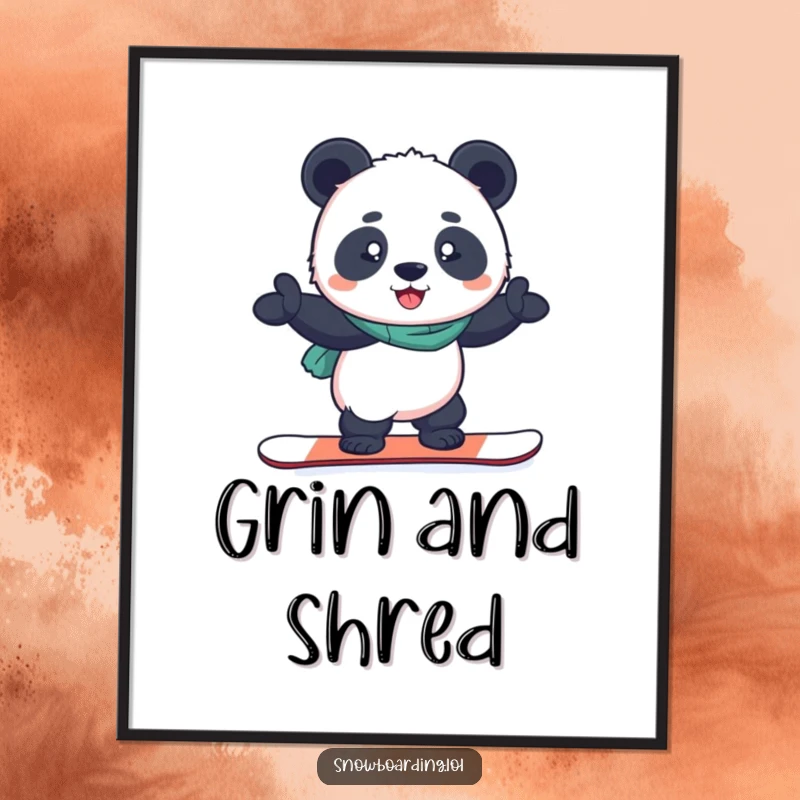Funny digital art print of a panda determinedly balancing on a snowboard, capturing focus and winter spirit.