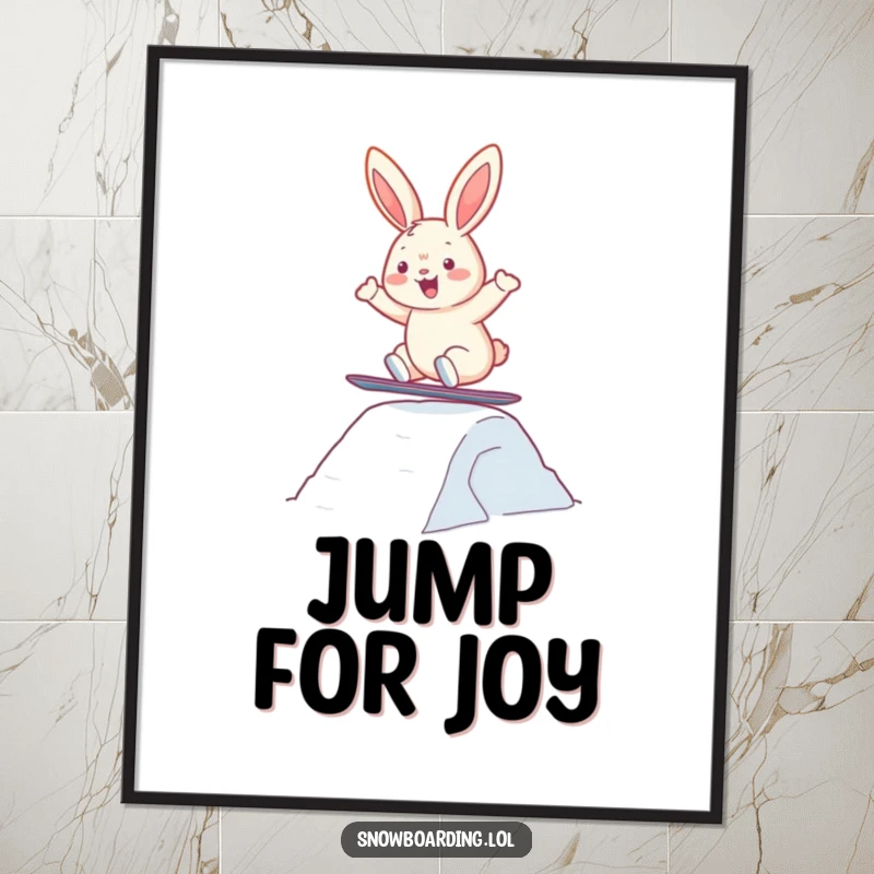 Funny digital art print of a bunny joyfully snowboarding and jumping, capturing exciting winter action.