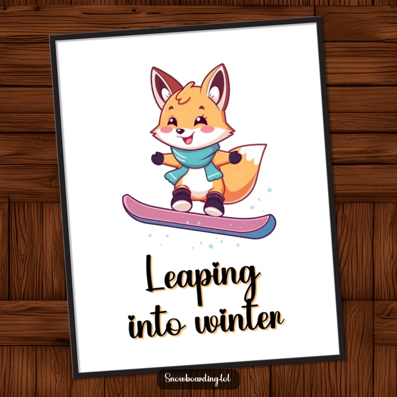 Funny digital art print of a smiling fox mid-air, performing a playful snowboard jump with hilarious energy and a joyful spirit.