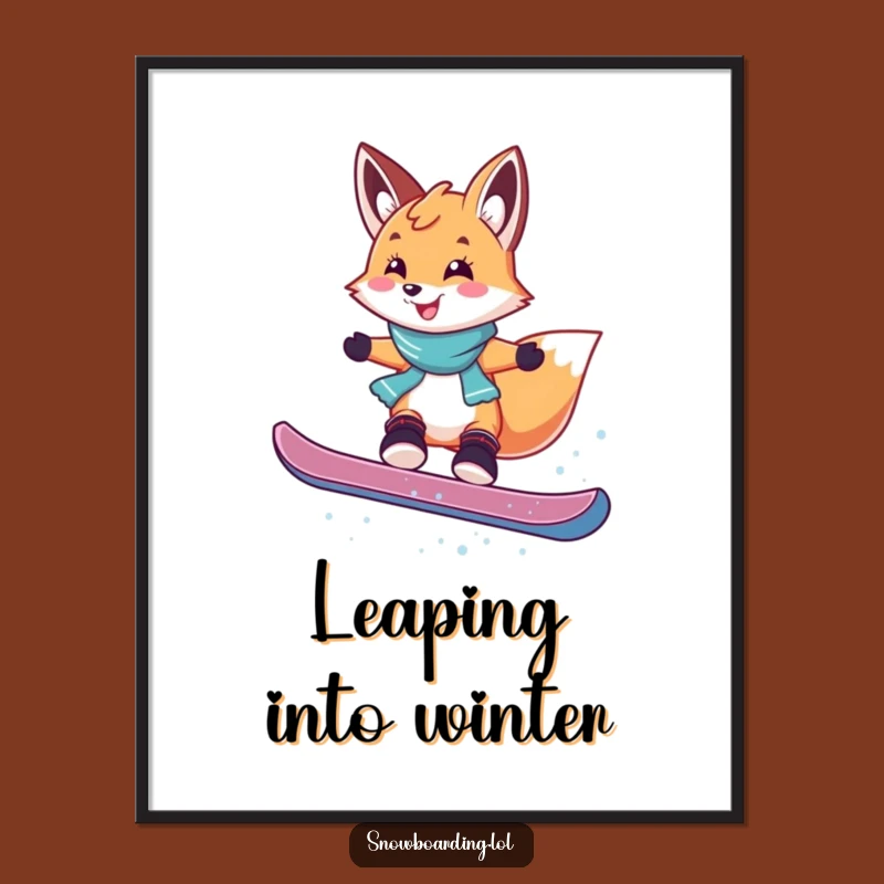 Funny Digital Art: Fox Snowboarding Jump - Instant Playful Print