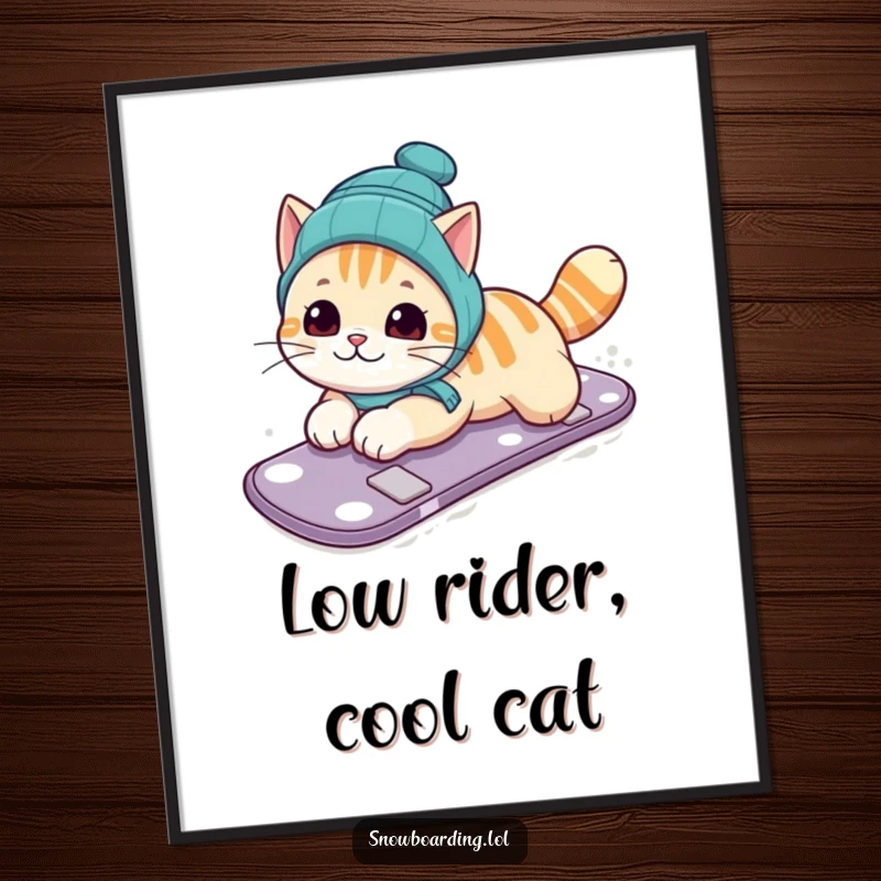 Funny digital art print of a curious cat sliding on its belly on a snowboard with hilarious determination and a funny spirit.