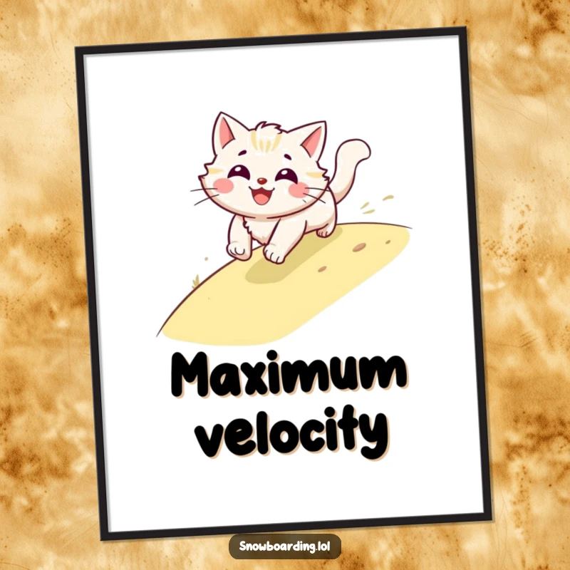 Funny cat digital art print, a smiling blur of fur speeding downhill, ideal for energetic and humorous pet decor.