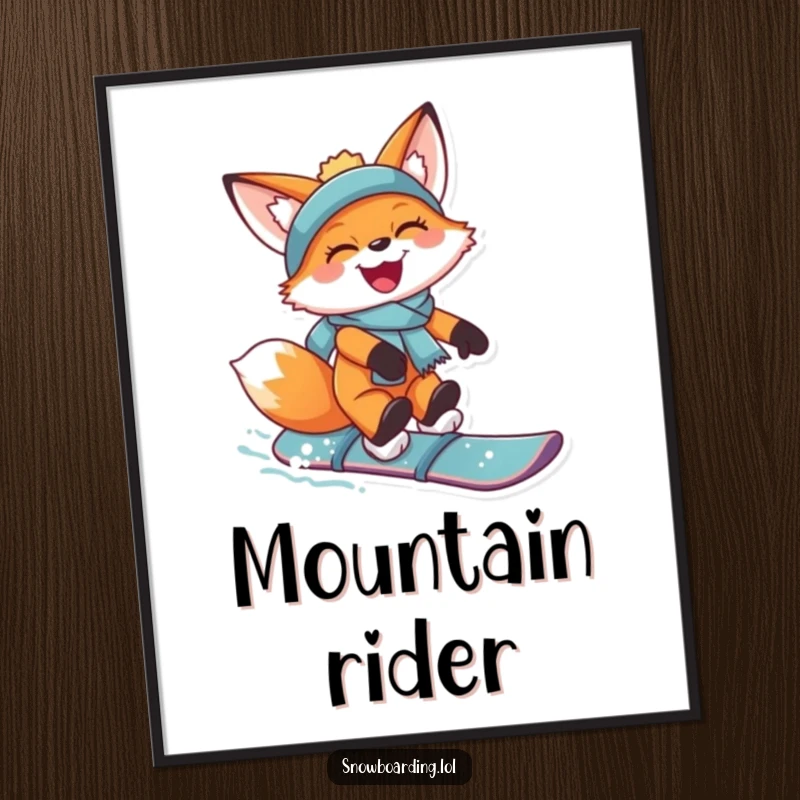 Funny digital art print of a joyful fox catching air on a snowboard, mid-jump with a huge grin and snowy action.