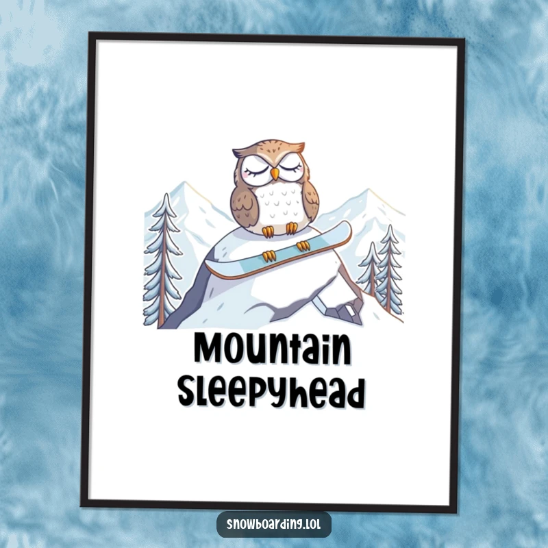 Funny digital art print of a tired owl napping on a snowboard at the mountain peak, perfect for serene and humorous wall art.