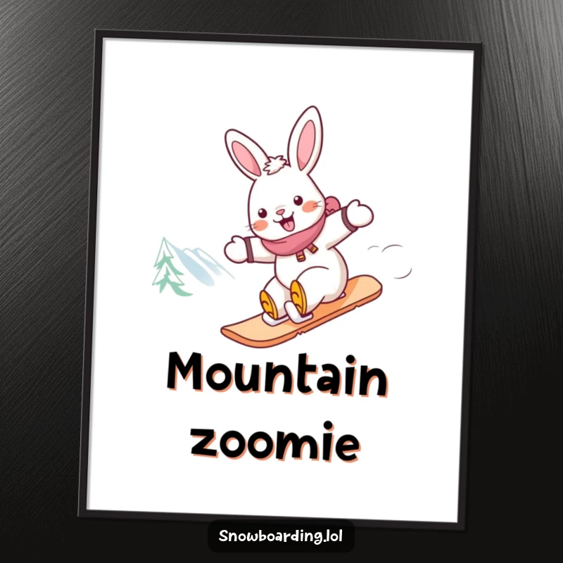 Funny rabbit snowboarding digital art, a cheerful rabbit racing down a snowy mountain on a snowboard with infectious joy.