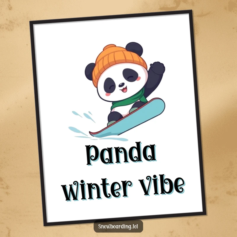 Funny panda snowboard digital art print of a panda attempting a flip, offering immediate humorous winter sports decor.
