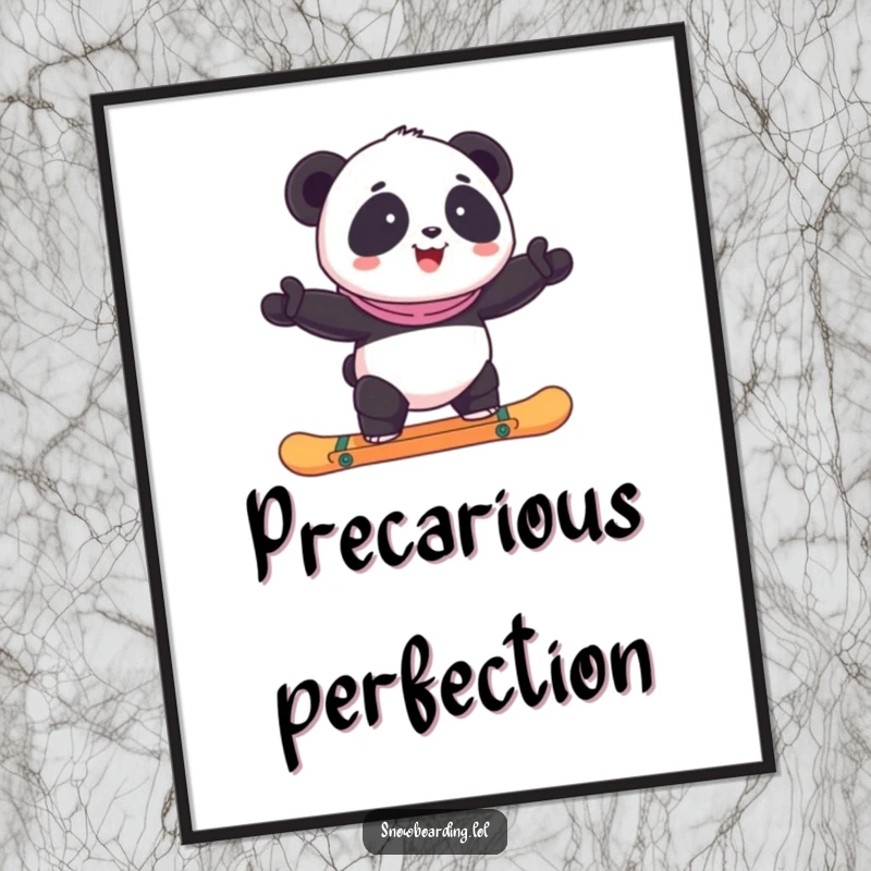 Funny happy panda precariously balancing on a snowboard, available as an instant download digital art print.