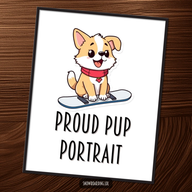 Funny digital art print of a proud dog sitting upright on a snowboard, tail wagging with joy.