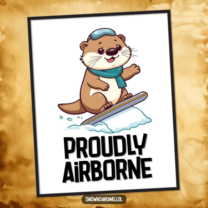 Funny Digital Art Print: A proud otter lands a snowboard jump, capturing a moment of athletic achievement.