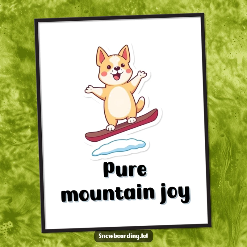 Funny digital art print of a happy, dancing dog balancing on a snowboard, its tail wagging with excitement.