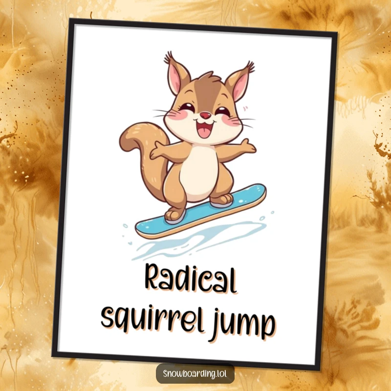 Funny Giggling Squirrel Snowboarder Digital Art Print: A graphic of a happy squirrel mid-jump on a small snowboard.