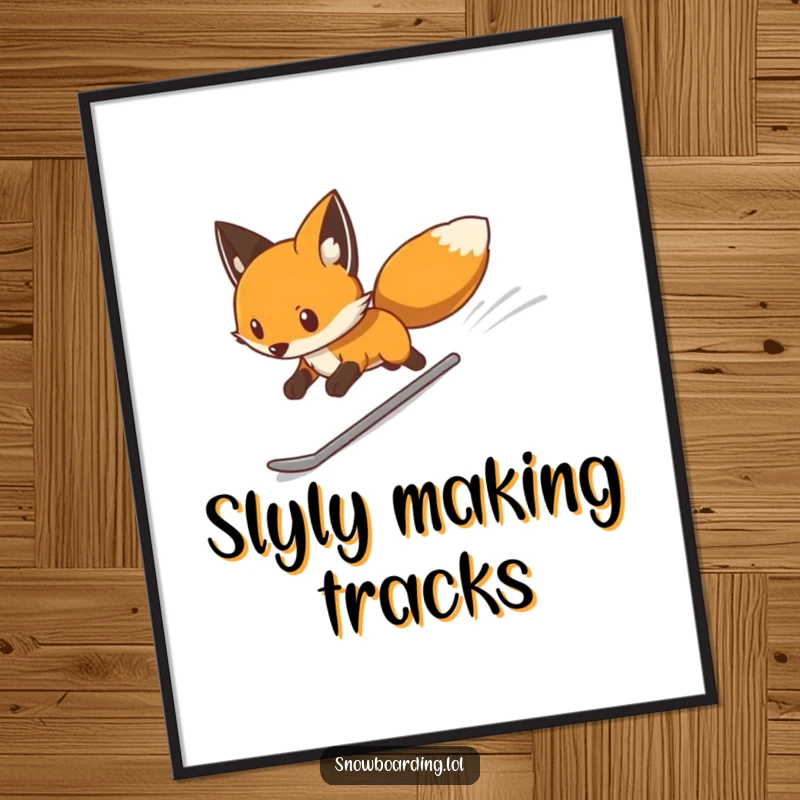 Funny digital art print of a determined fox snowboarding swiftly down a white slope, ready for instant download, a sleek and humorous masterpiece.