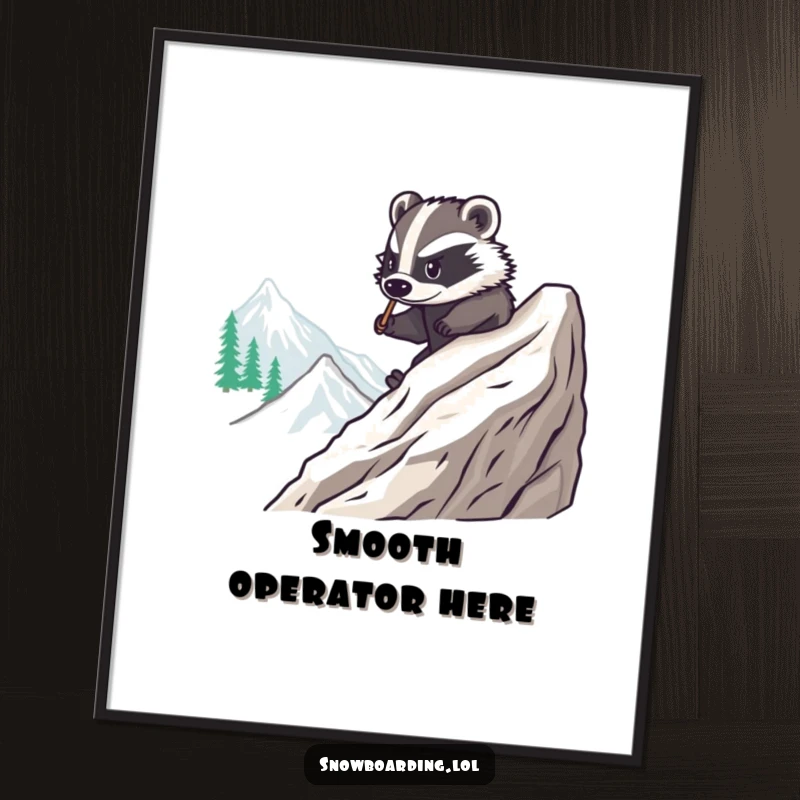 Funny digital art print of a brave badger carving smooth turns on a snowboard down a mountain, ready for instant download, a humorous masterpiece.