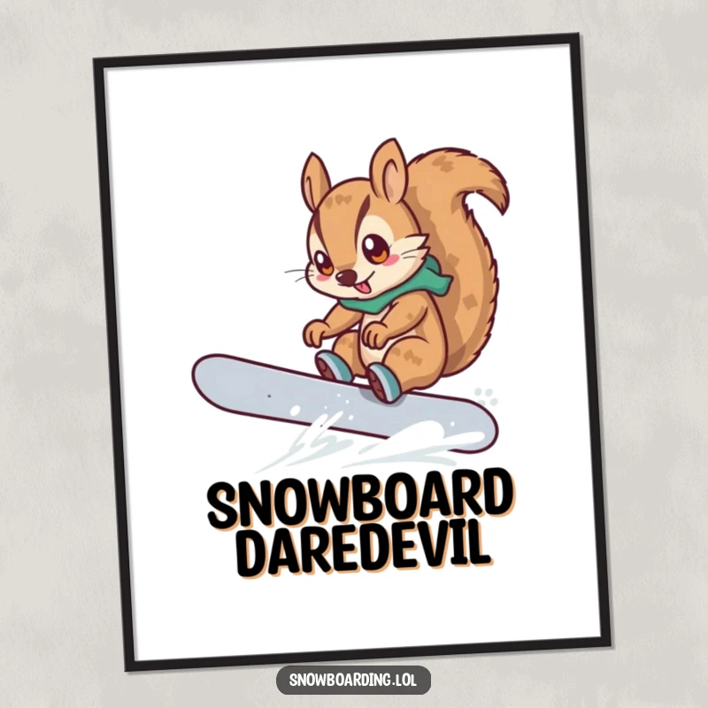 Funny digital art print of a determined squirrel snowboarding and attempting a trick, a cartoon character bringing instant winter thrill.