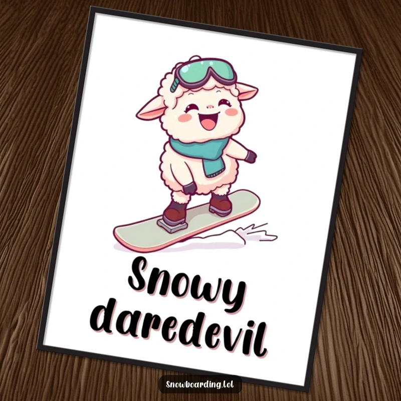 Funny digital art print of a sheep with a wide grin, comically struggling on a snowboard. Instant wall decor.