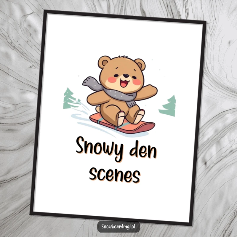 Funny digital art print of a bear joyfully snowboarding down a snow-covered slope, capturing exhilarating winter action.