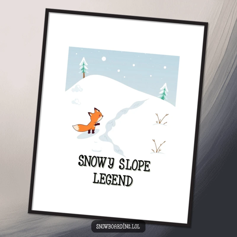 Funny digital art print of a determined fox skiing down a snowy hill, ideal for adding humorous, adventurous decor.
