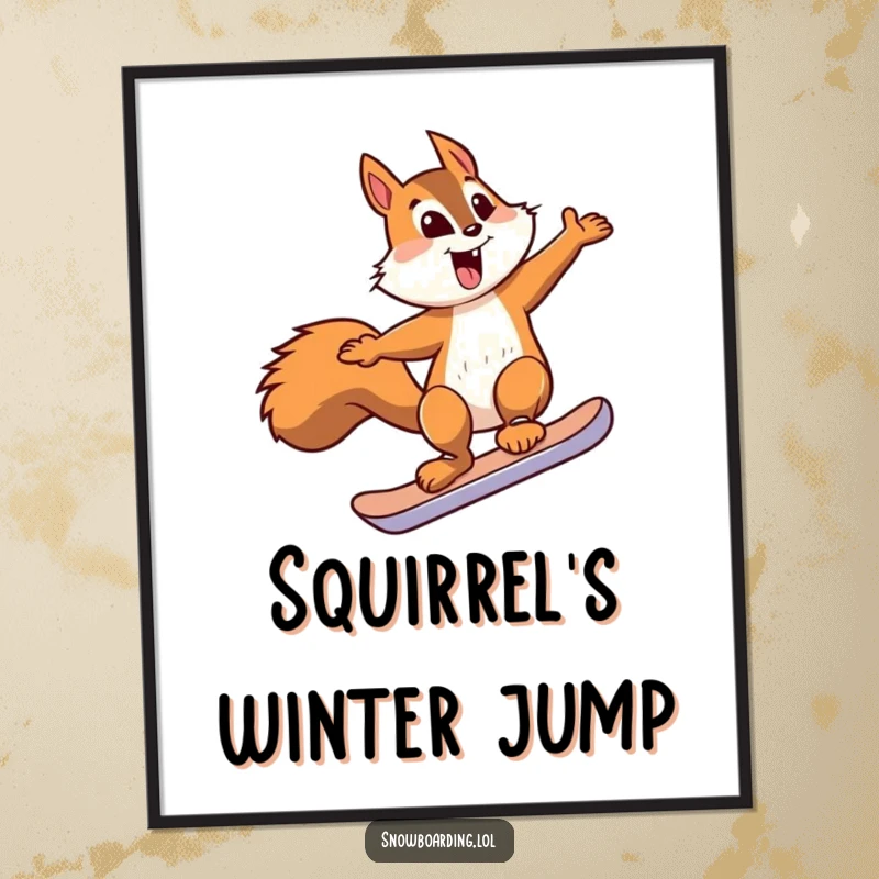 Funny squirrel snowboard digital art print of a squirrel jumping, offering immediate humorous decor for any space.