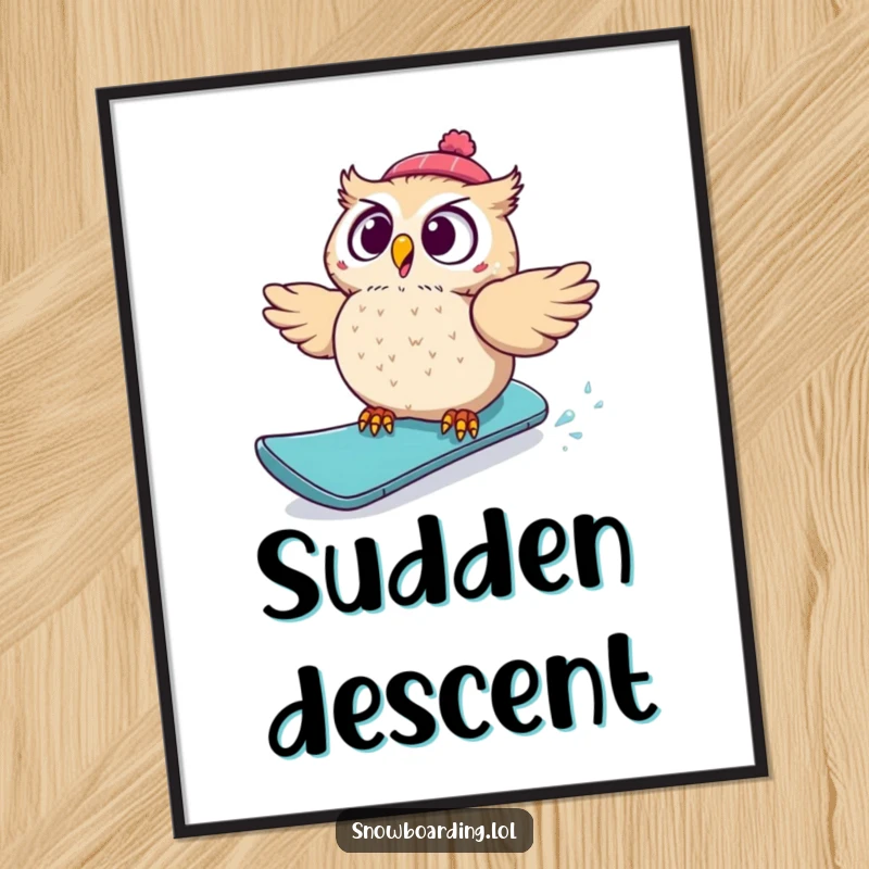 Funny digital art print of a startled owl comically falling off a snowboard, ready for instant download and display, a hilarious piece.