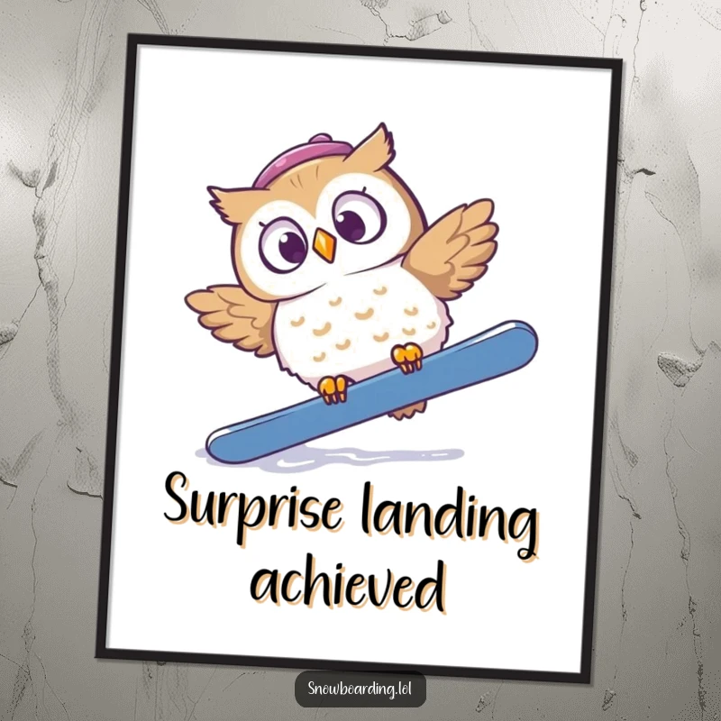 Funny digital art print of a startled owl falling off a snowboard, eyes wide with surprise and a comical expression.