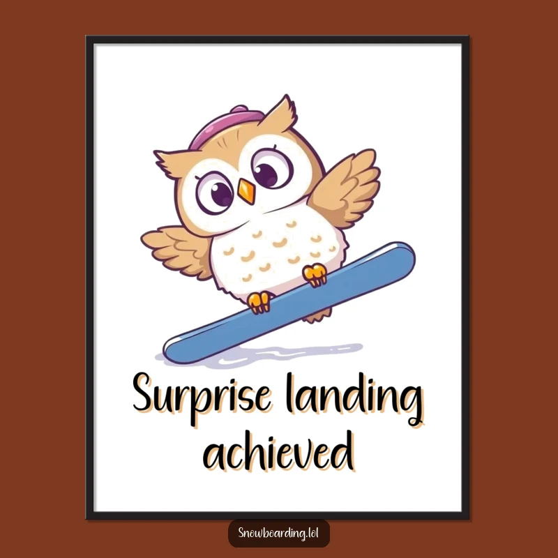 Funny Startled Owl Snowboard Digital Art Print: Instant Surprise for Your Walls