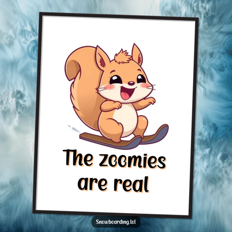 Funny digital art print of a squirrel with eyes wide, ecstatically speeding downhill. Instant wall decor.