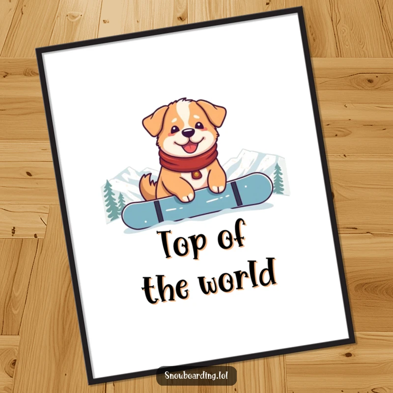 Funny Content Dog Snowboarder Digital Art Print: A graphic of a contented dog sitting on a snowboard at the mountain top.