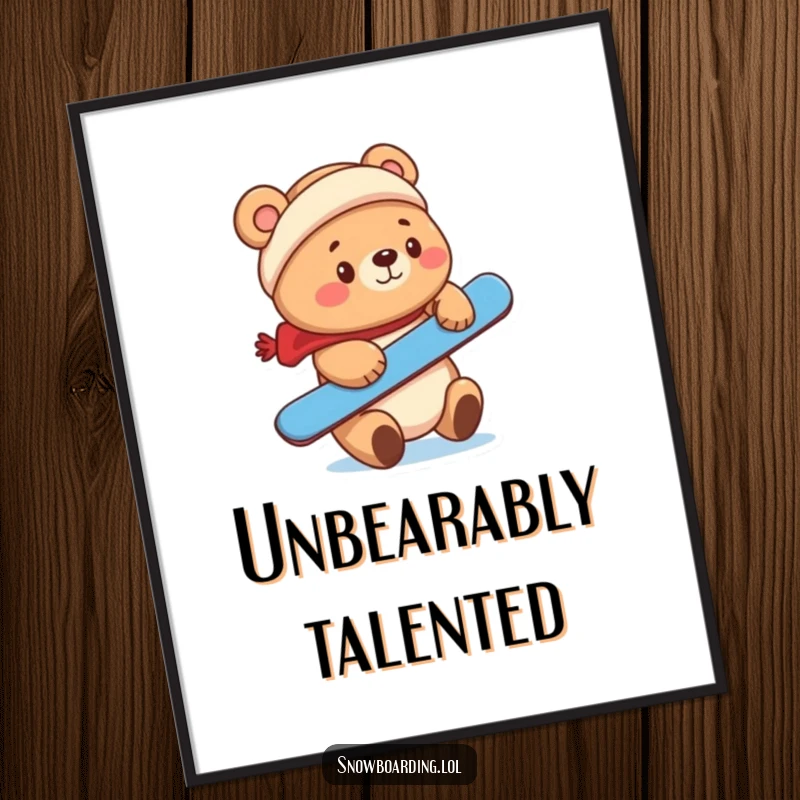 Funny cute bear balancing a snowboard on its nose, downloadable digital art print.