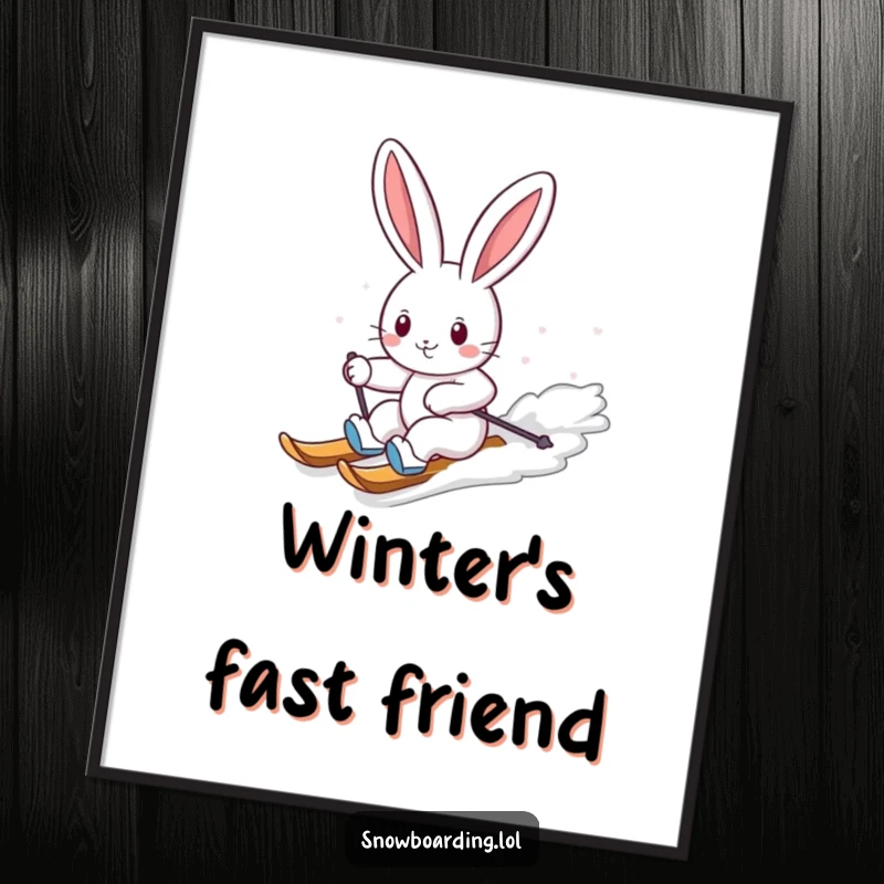Funny digital art print of a cheerful bunny carving down a snowy slope on a snowboard with humorous action and joyful spirit.