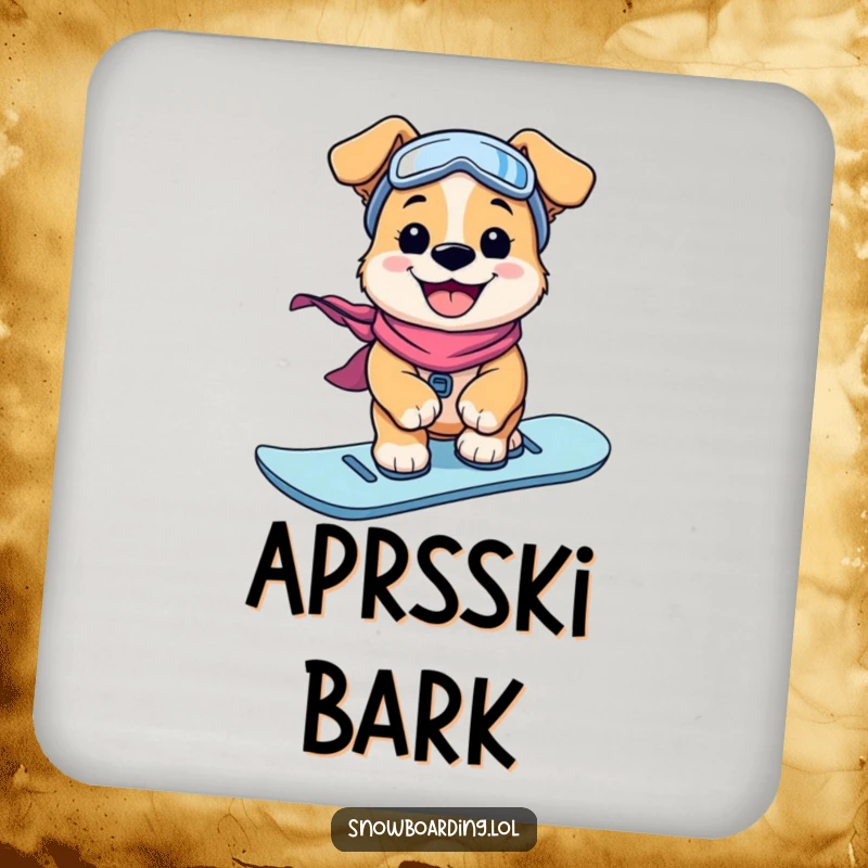 Funny Drink Coasters: A grinning puppy snowboards, protecting your furniture with a dose of winter sport humor.