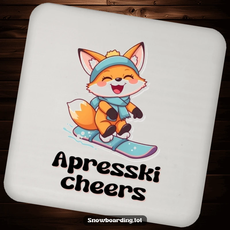 Funny drink coaster with a joyful fox catching air on a snowboard, grinning, offering protection with energetic winter art.
