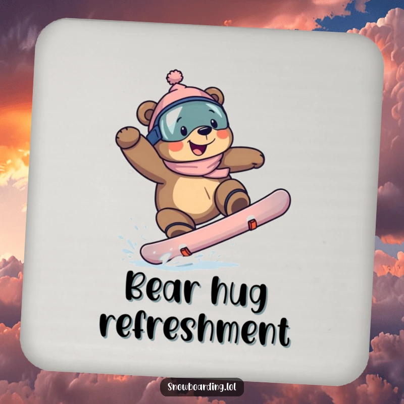 Funny bear snowboarding coaster, a determined bear with a grin completing a snowboarding trick, ready to guard your table.