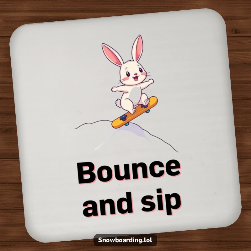 Funny drink coaster featuring a bouncing bunny precariously riding a board downhill, adding playful charm to surfaces.