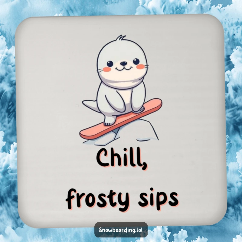 Funny seal balancing on a snowboard, ready to slide onto your table, adding hilarious Arctic flair.