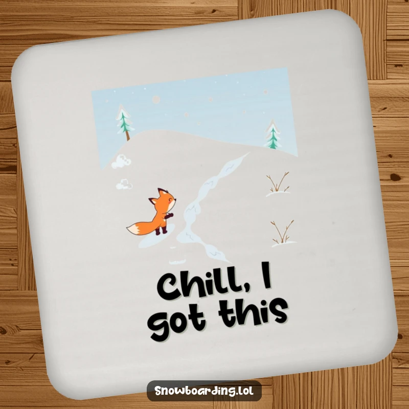 Funny drink coaster with a determined fox skiing down a snowy hill, adding a touch of humor and protection to surfaces.