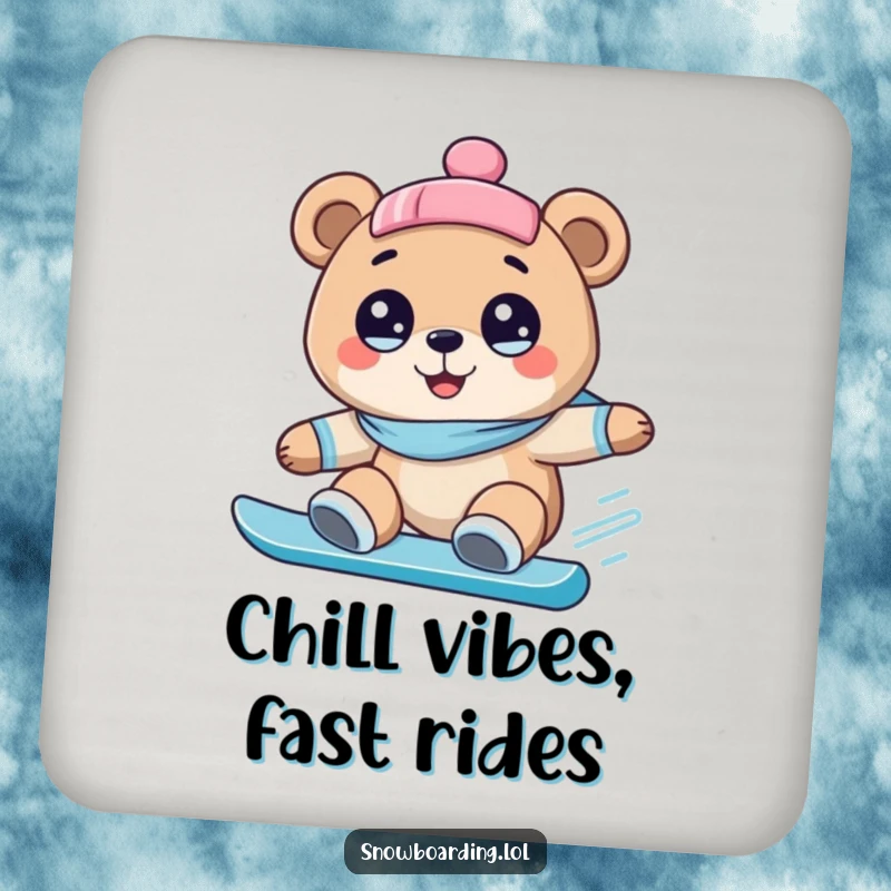 Funny drink coasters featuring a happy bear with wide eyes, snowboarding downhill, adding a humorous touch to table protection.