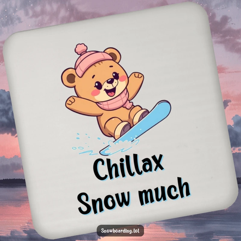 Funny Snowboard Bear Cub Coaster: A bear cub gleefully snowboarding, carving sharp turns with winter joy.