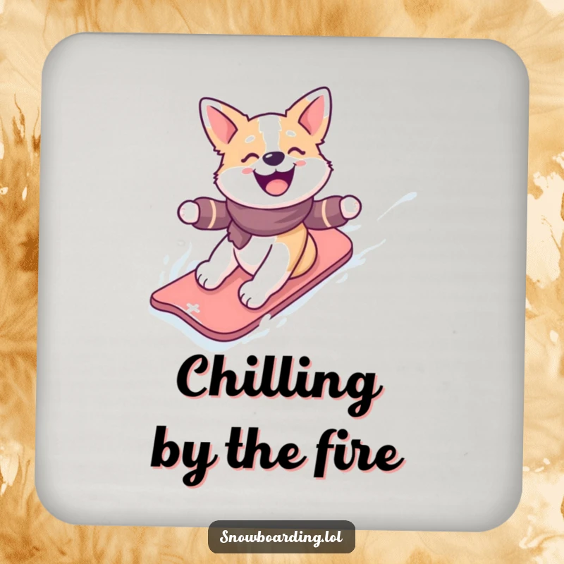 Funny drink coaster featuring a happy dog gleefully snowboarding down a snowy slope, adding winter fun and humor.