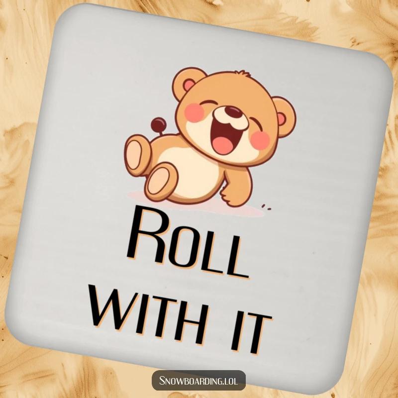Funny drink coaster featuring a bear cub tumbling downhill with infectious laughter, a cartoon character adding playful protection.