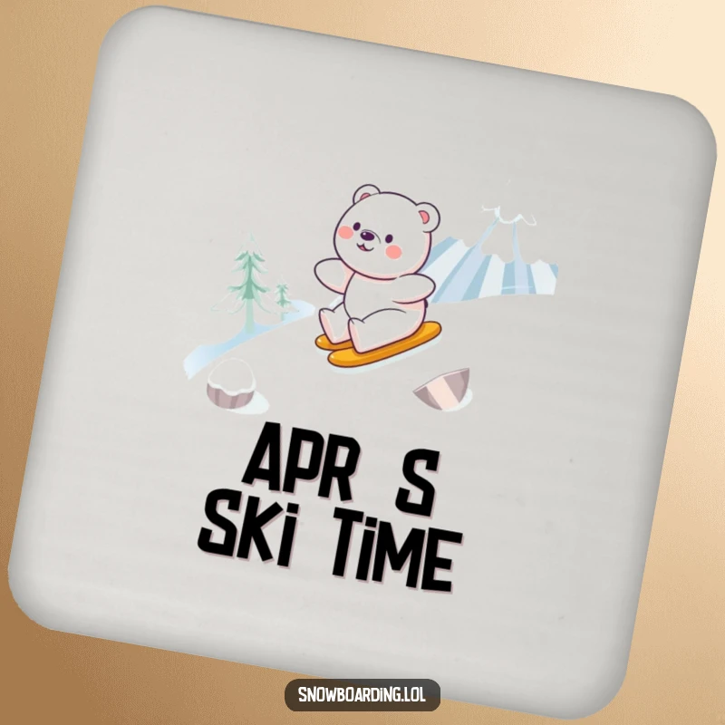 Funny drink coaster featuring a happy bear smoothly snowboarding down a snowy mountain, adding winter cheer to surfaces.