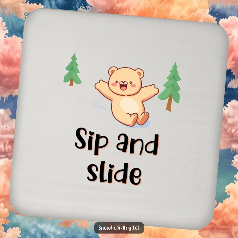 Funny bear coaster, happily sliding down a snowy slope with arms outstretched, protecting surfaces with winter joy.