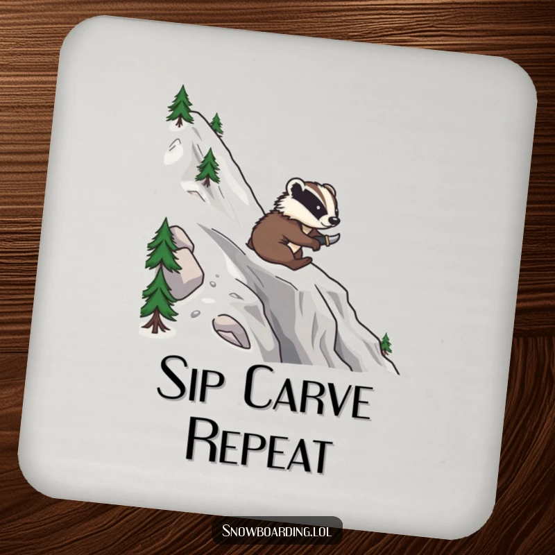 Funny drink coaster with a brave badger snowboarding down a mountain, carving smooth, confident turns.